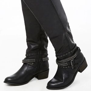 Studded-Strap Faux Leather Knee-High Boots